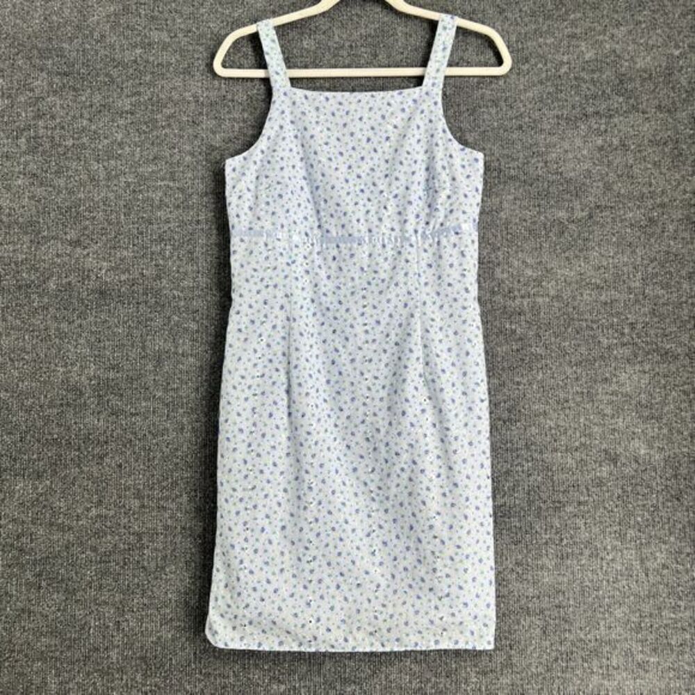 Vintage Hourglass 90s Sheath Dress Womens 5/6 Blue Floral Eyelet Sleeveless Y2K